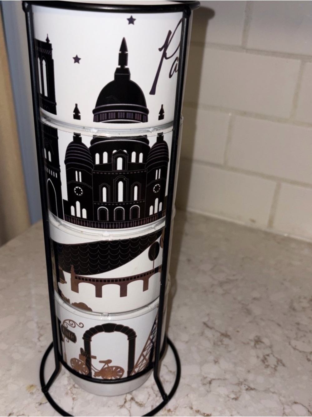Paris  White and Black Paris Stackable Coffee Mug Set of 4 in a rack